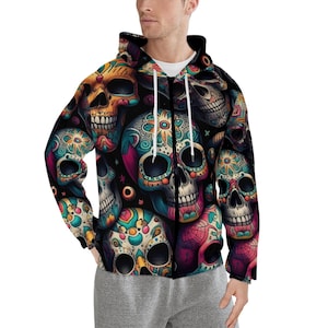 Zip Hoodie with Pockets Skulls Colorful Skull Top Long Sleeve Hoody Sweatshirt Men&#39;s Women&#39;s All-Over Print Unisex Polyester by jWise
