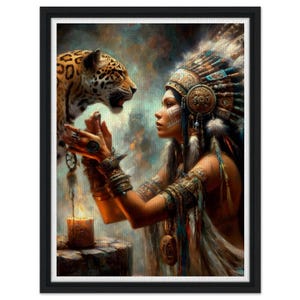 Framed Canvas Jaguar Medicine Woman Shamaness Spiritual Mystical Witch Vertical Square Cat Spirit Animal Mystic Ceremony Shamanic AI Art