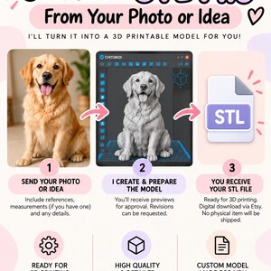 May include: A digital service graphic titled Custom STL File From Your Photo or Idea. It shows a golden retriever photo, a 3D software interface with a rendered dog model, and an STL file icon. Text includes Ready for 3D Printing and Digital File Only.