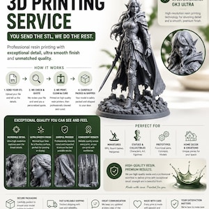 Könnte beinhalten: Ein Werbeflyer für einen Premium-Harz-3D-Druckservice mit einer grauen Elfenkrieger-Figur mit Schwert. Der Text enthält Premium Resin 3D Printing Service, You Send The STL, We Do The Rest sowie Details zum Druckprozess und den Ergebnissen.