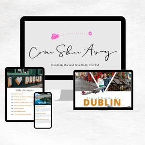 Pu&ograve; includere: Una guida turistica digitale visualizzata su vari dispositivi, tra cui un computer, un tablet e un telefono. Lo schermo principale mostra il testo "Come Shoe Away" e "Thoutfully Planned, Beautifully Traveled". Altri schermi mostrano "Travel Guide To Dublin".