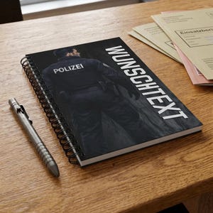 May include: A spiral-bound notebook featuring a graphic of a police officer in a dark uniform with the word POLIZEI on the back, and the large white text WUNSCHTEXT printed vertically on the right side, accompanied by a metallic pen.