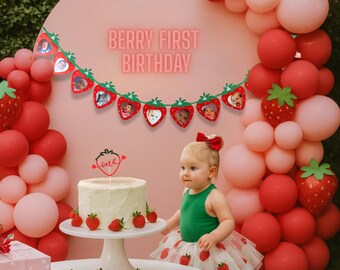 Strawberry First Birthday Photo Banner | Glitter Cake Topper, Cupcake Decor