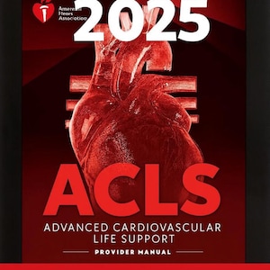 May include: A digital tablet displays a red and white cover for the ACLS Provider Manual, 2025 edition. The cover features a stylized image of a heart and the text "ACLS" in large, bold letters. The words "Advanced Cardiovascular Life Support" are also visible.