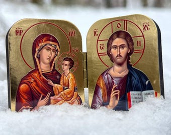 1.6x2 Inch Folding Orthodox Icon 25g, Mother of God, Jesus Christ Savior, Icon Diptych, Religious Gift