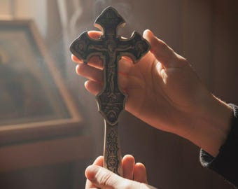 Beech Wood Cross 11.6 in , Hand Carved Cross, Orthodox Crucifix, Wooden Wall Cross