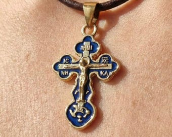 Gold Plated Orthodox Cross 0.8x1.1 in 7g, Blue Enamel Crucifix, Jesus Christ Cross, Blessed Christian Pendant