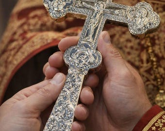 Nickel Holy Water Cross 8.3in 120g, Orthodox Cross, Church Cross, Blessing Cross, Priest Cross