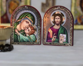 4.3in Wooden Folding Icon Diptych, Orthodox Icon, Virgin Mary Icon, Jesus Christ Icon