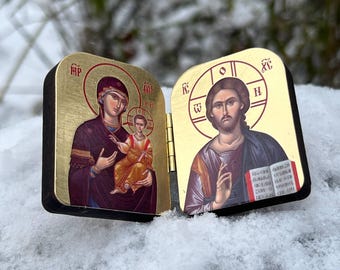 Icono díptico de bolsillo ortodoxo: Virgen María y Cristo, pequeño icono plegable de viaje