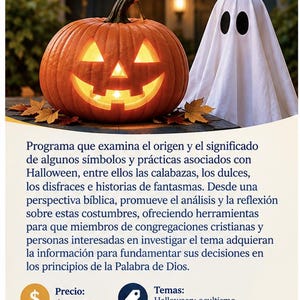 Puede incluir: Un folleto titulado Remueve la calabaza y el disfraz: Encuentra la verdad con una calabaza iluminada y un disfraz de fantasma blanco. El texto describe un programa que examina símbolos de Halloween desde una perspectiva bíblica.