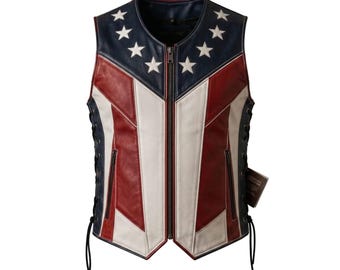 Chaleco de cuero para hombre con la bandera estadounidense - Chaleco de motociclista patriótico rojo, blanco y azul con cordones laterales.