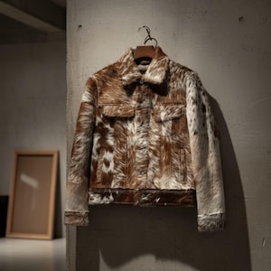 Giacca in pelle con pelo / Giacca da camionista in pelle di mucca / Cappotto in pelliccia con motivo a macchie marrone e bianco / Capo di abbigliamento elasticizzato western
