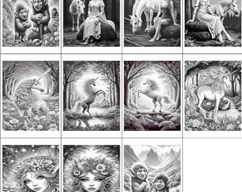 May include: A collection of black and white fantasy art prints featuring mythical creatures. The prints depict unicorns, elves, and trolls in forest settings. Some images show elves with unicorns, while others feature trolls or unicorns alone.