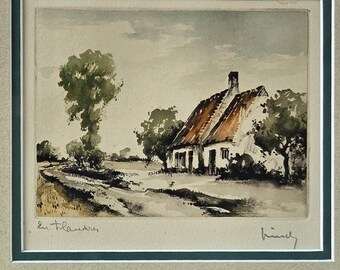 Pastoral Landscape Framed Etchings | Cottagecore Village Scene | Roger Hebbelinck, ca. 1940s