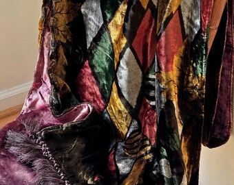 Vintage Harlequin Velvet Shawl Scarf | Patchwork Fabric, Velvet Fringe, 1980s Bohemian Wrap