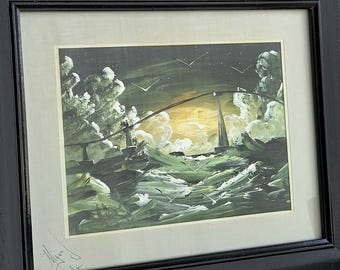 Ethereal / Surreal Painting - Green Palette Seascape Painting - Vintage Oil on Glass