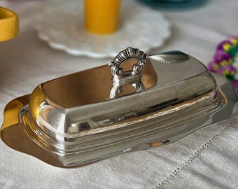 Vintage Silverplate Butter Dish with Scalloped Edge, Patina Finish, & Scrollwork Design