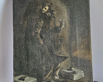Urban Gothic Noir Painting of Pipe Smoker - Vintage Oil on Canvas