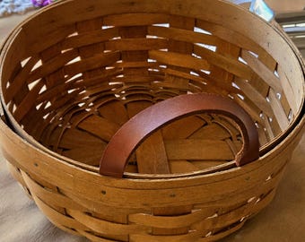 Woven Basket with Leather Handles for Small Space Storage - Vintage Gerald E. Henn, Ohio