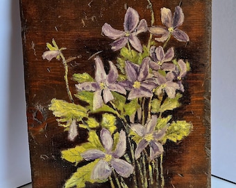 Purple Clematis Painting on Reclaimed Wood – Rustic Outsider Art Panel