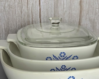 Vintage Corning Ware Casserole Set | Blue Cornflower Pattern, Glass Lid (ca. 1969-72)
