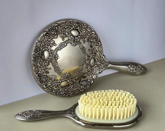 Dresser Decor Vanity Set - Embossed Floral Ornate Mirror & Brush - Art Nouveau Style