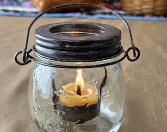 Tea Light Holder Glass Lantern - Tealight Jar with Handle | Indoor Outdoor Lighting
