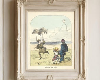 Drachen Vintage Spielzimmer Kunst - Bilderbuch Küsten Cottage Art - Antike Chromolithograph Illustration