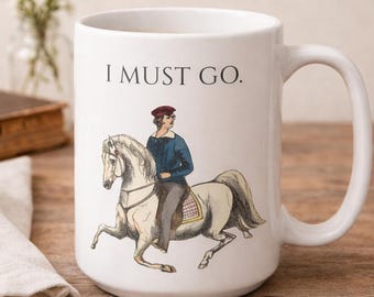 Rustic Mug with Introverted Horse Rider Art - "I Must Go" Vintage Illustration