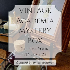 May include: A still-life composition featuring a framed vintage print, a silver tray with decorative items, and a bottle with a cork stopper. The image is overlaid with text that reads "Vintage Academia Mystery Box."