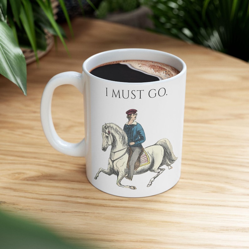 Rustic Mug with Introverted Horse Rider Art - "I Must Go" Vintage Illustration image 2