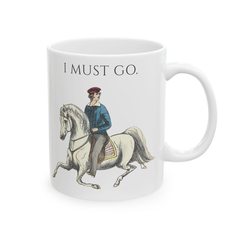 Rustic Mug with Introverted Horse Rider Art - "I Must Go" Vintage Illustration image 6