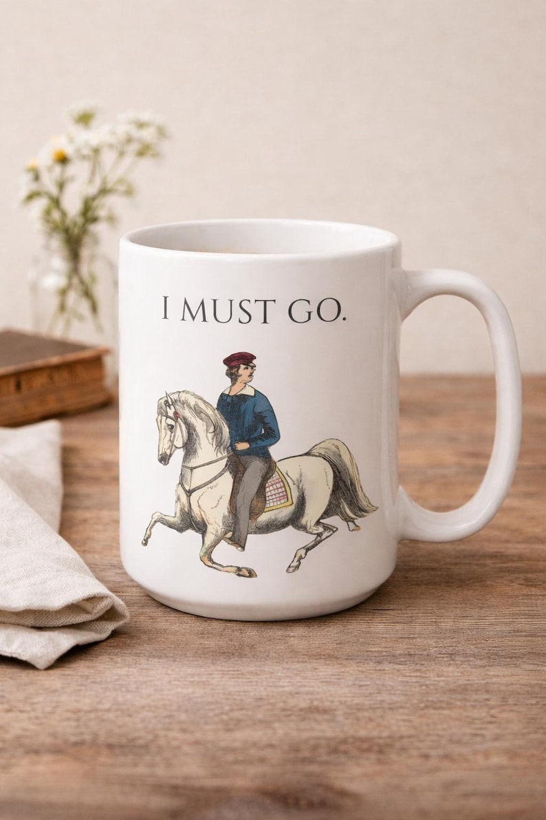 Rustic Mug with Introverted Horse Rider Art - "I Must Go" Vintage Illustration image 1