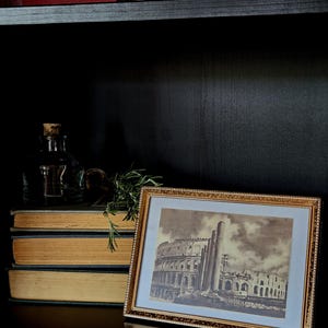 May include: A rectangular gold-toned picture frame containing a sepia-toned print of the Roman Colosseum. The frame features a textured, beaded edge and a white mat border. The artwork depicts the ancient stone amphitheater with prominent columns.