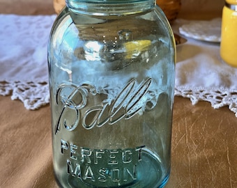 Depression Glass Storage Jar in Aquamarine Blue - Quart Size Ball - Ca. 1920s