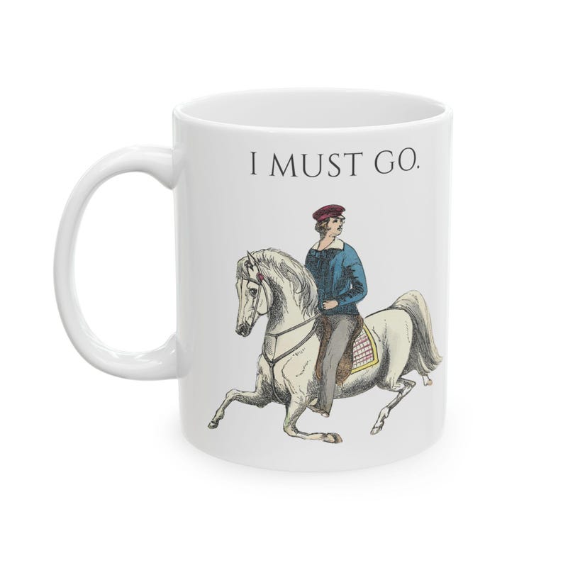 Rustic Mug with Introverted Horse Rider Art - "I Must Go" Vintage Illustration image 5