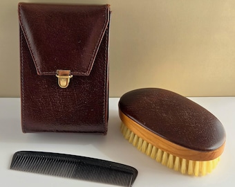 Men's Vintage Toiletries Kit - Cowhide Leather Grooming Kit - Bristle Brush, Made in England