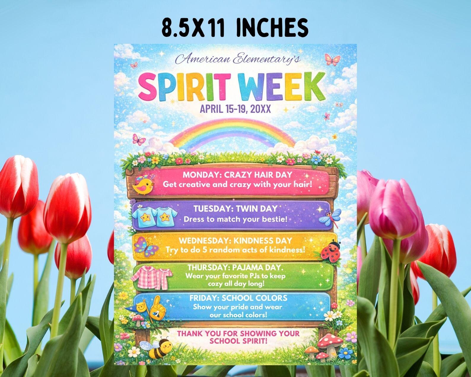 Spring Spirit Week Examples Editable Spring Spirit Week Flyer Canva Template, School Spirit ...