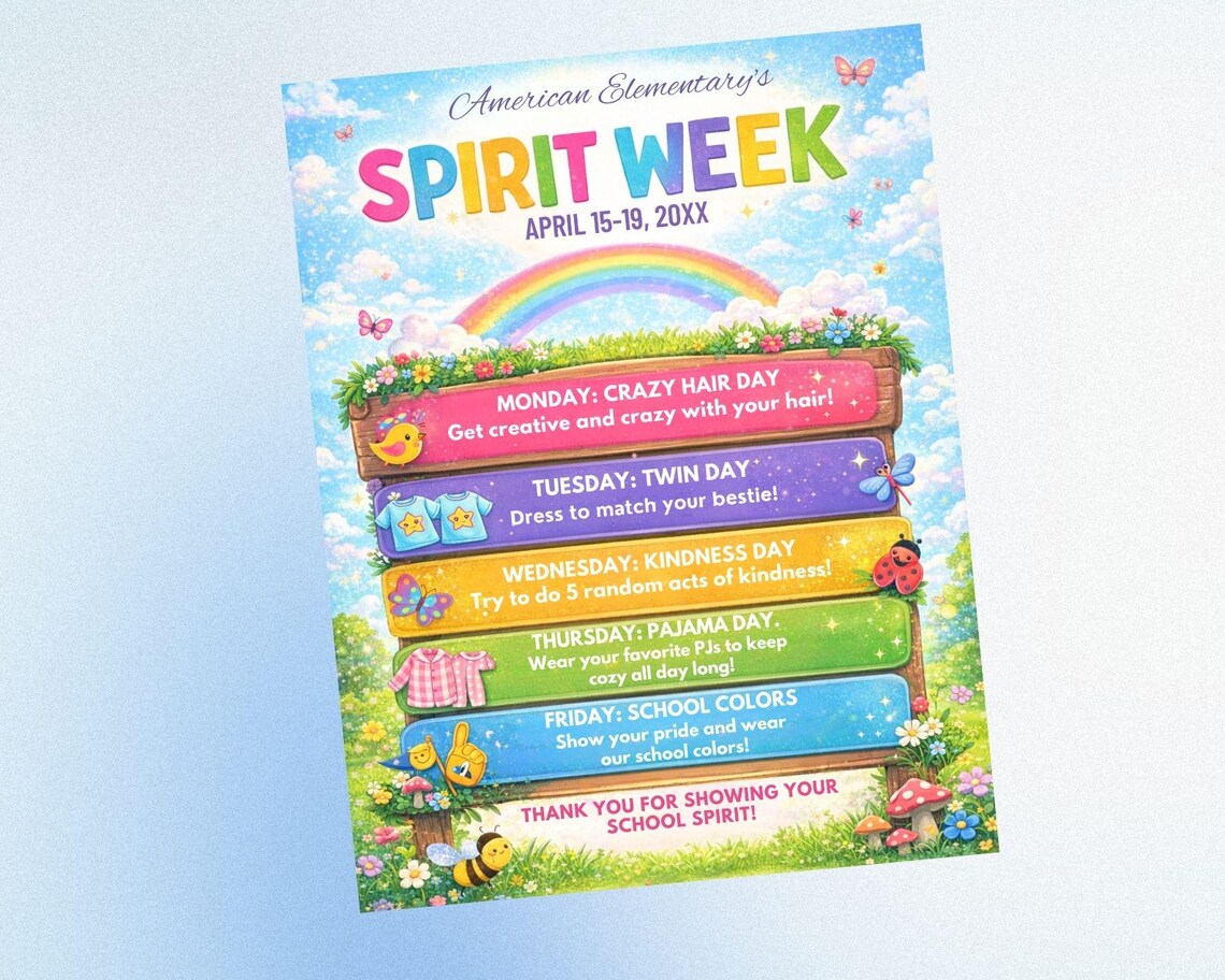 Spring Spirit Week Examples Editable Spring Spirit Week Flyer Canva Template, School Spirit ...