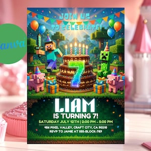 May include: A colorful birthday party invitation featuring a Minecraft theme. The design includes a chocolate cake with seven candles, Minecraft characters, balloons, and the text "JOIN US TO CELEBRATE!" and "LIAM IS TURNING 7!"