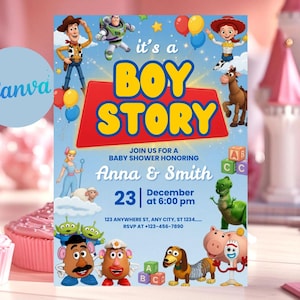 Può includere: Un invito colorato per un baby shower a tema "Toy Story". Il design presenta personaggi del film, tra cui Woody e Buzz Lightyear. Il testo recita "It's a Boy Story" con i nomi Anna & Smith, la data e l'ora.