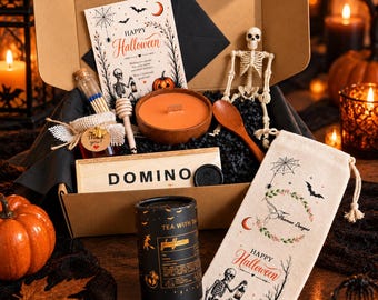 Halloween Gift Box for Her, Tea Candle & Domino Game Gift Set, Cozy Fall Care Package, Spooky Tea Lover Gift