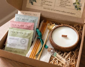 Relaxation Tea Gift Box for Women | Self Care Gift Set with Candle, Honey & Herbal Tea