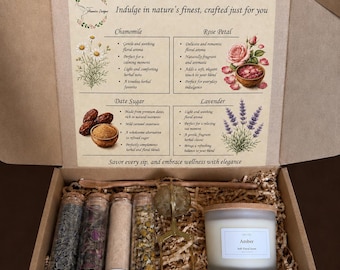 Caja de regalo de té de hierbas de lujo, regalo para amantes del té orgánico, manzanilla, pétalos de rosa, lavanda, dátil, azúcar, caja de autocuidado, acogedor set de regalo