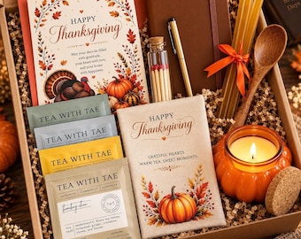 Thanksgiving Hostess Gift Box, Fall Tea Gift for Her, Pumpkin Candle, Honey & Journal Care Package