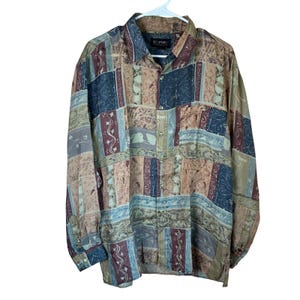 Vintage 90s Surprise 100% Silk Shirt Mens M Abstract Patchwork Button Up Korea