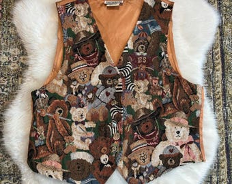 Vintage brodé nounours tapisserie gilet nouveauté impression moyenne USA grand-mère