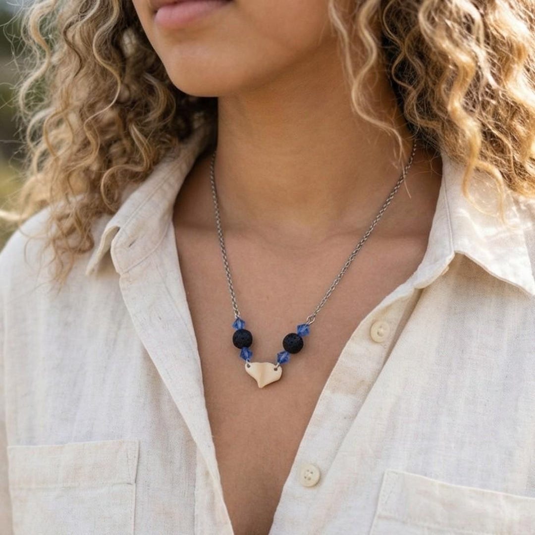 Real Turtle Shell Necklace | Lava Stone Blue Crystal Beads | Essential ...