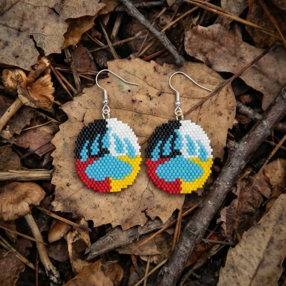 Paw Earrings Bear Paw Beadwork Medicine Wheel Earrings Blue Bear Paw Beaded Jewelry Medicine Symbol  Spiritual Gift Handmade